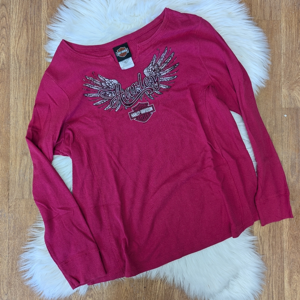 Harley Davidson Pink Long Sleeve Henley With Wing Design